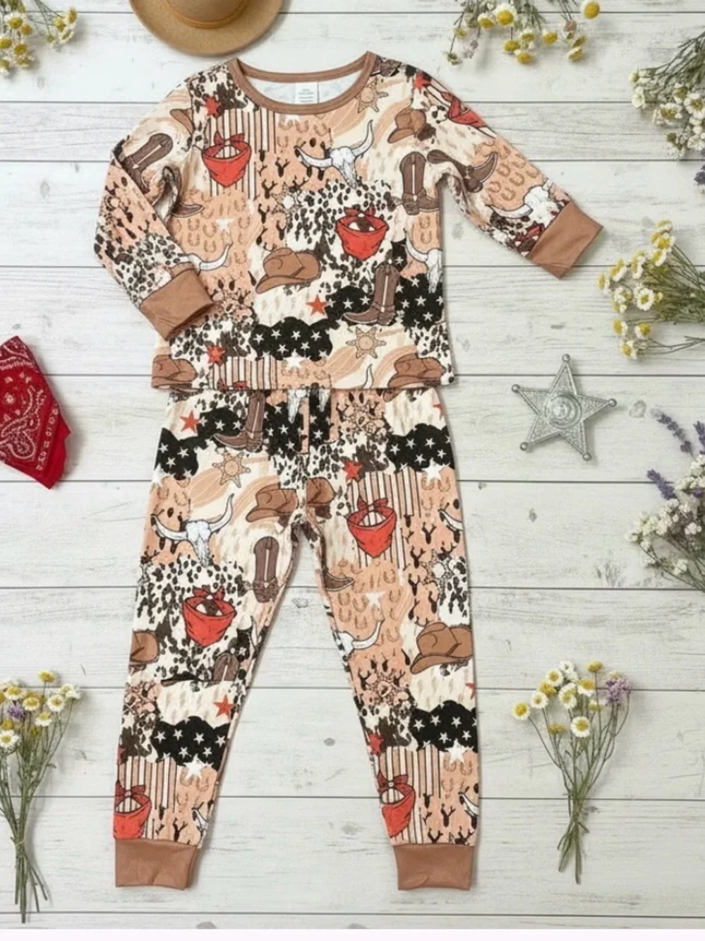 Kids Cowboy Print Long Sleeve Pajama Set - Beige & Brown